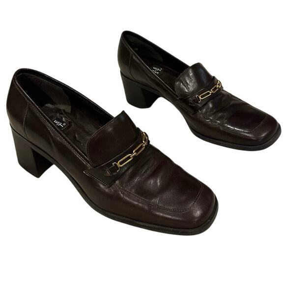 Y2K Nine West Brown Leather 90s Minimalist Leather Heeled Loafers Gold Detail 9 - Picture 7 of 10